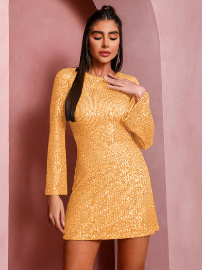 Women's sequin bell sleeve fashionable casual shiny dress