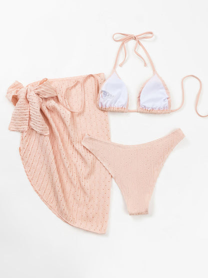 Feminine lace-up textured three-piece bikini