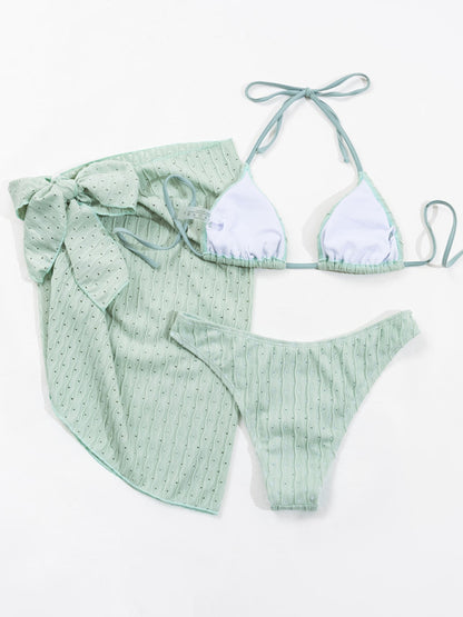 Feminine lace-up textured three-piece bikini