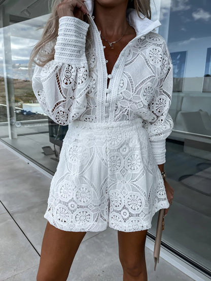 New women's clothing solid color single breasted stand collar lace shorts suit