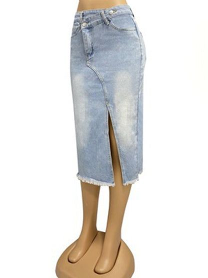 Women's button slit high waist denim skirt