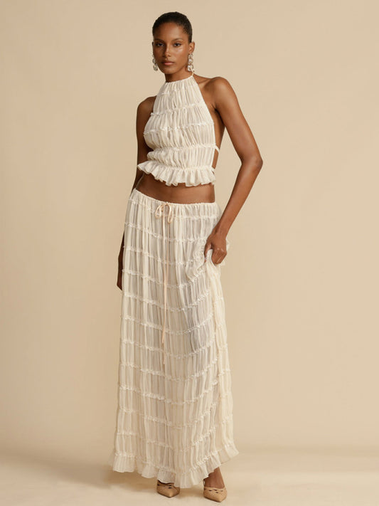 Backless lace-up halter top set and two-piece chiffon pleated long skirt with earrings