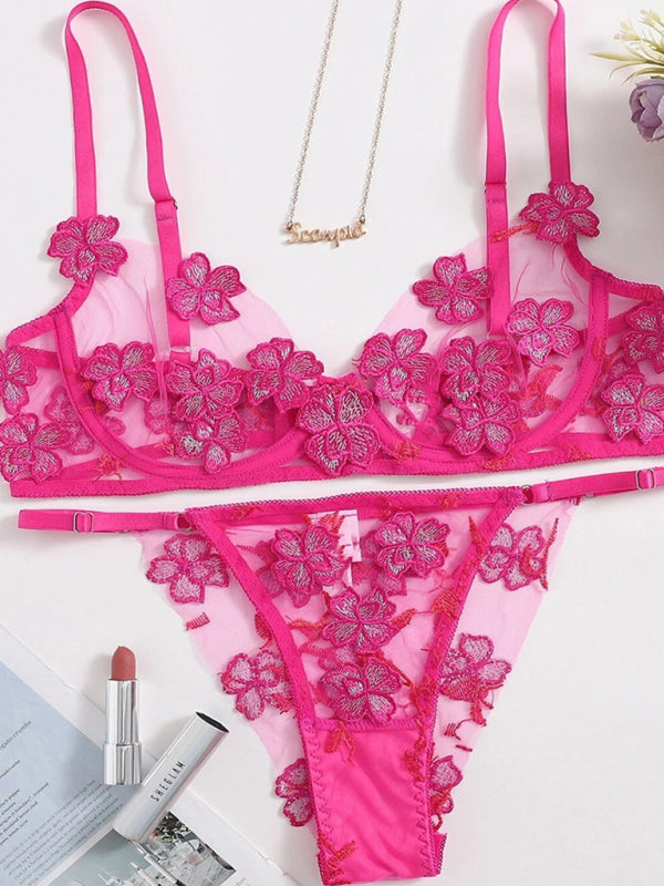 New sexy and sweet mesh embroidered flower appliqué bra set