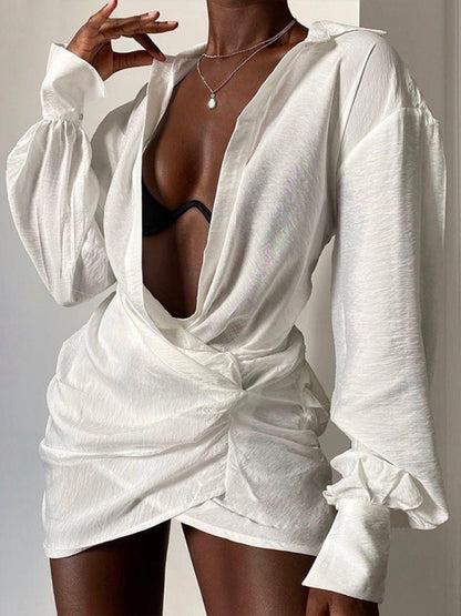 Long sleeve white shirt sexy deep V women's dress