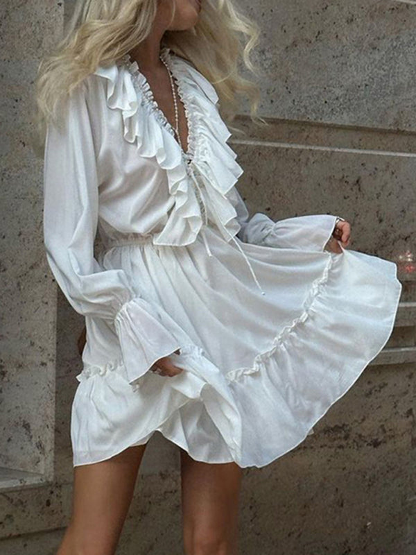 New deep V-neck design smocked trumpet sleeves ruffled white waist dress