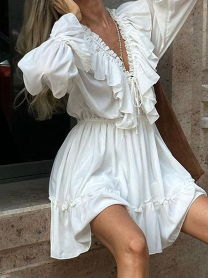 New deep V-neck design smocked trumpet sleeves ruffled white waist dress