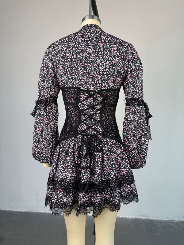 New Sweet Fresh Print Waist Long Sleeve Short Lace Dress