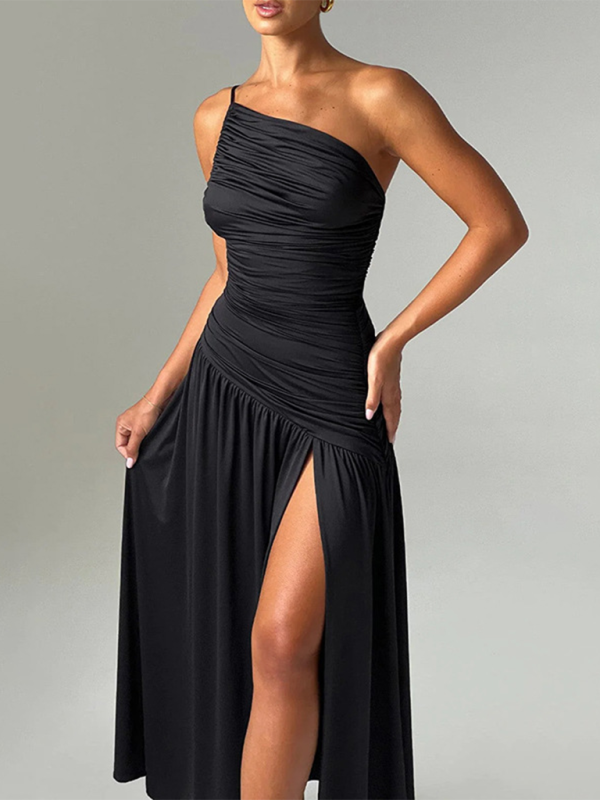 Tammy Strapless off-shoulder gathered slit A-line dress