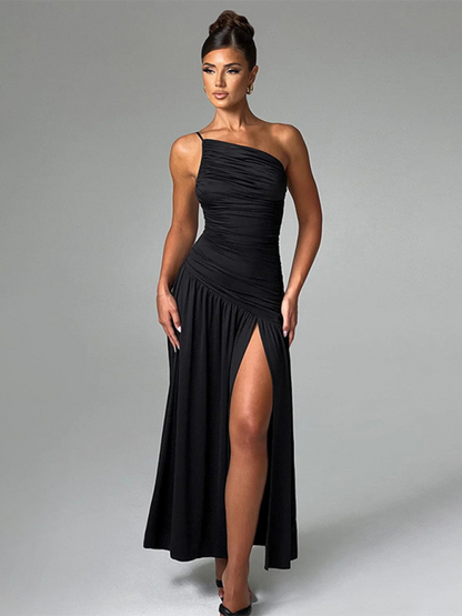 Tammy Strapless off-shoulder gathered slit A-line dress