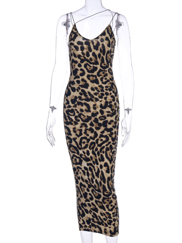 Suspender Sleeveless V-neck Leopard Snake Print Dress Fashion Sexy Midi Dress