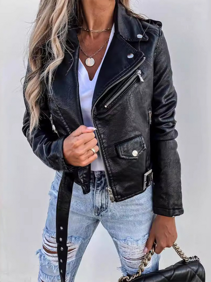 PU leather jacket biker short zipper jacket