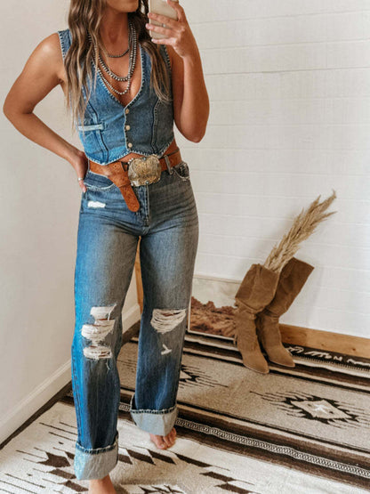 New Style Hot Girl Sleeveless Single Breasted V-Neck Top Denim Vest