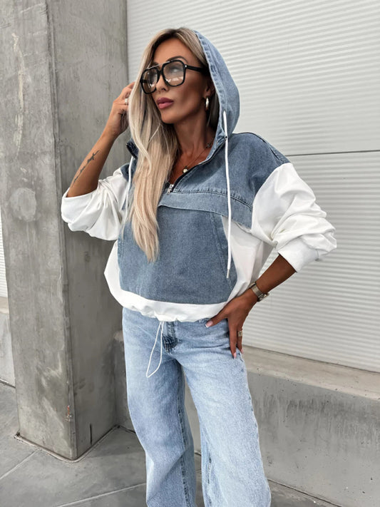 Fashion Loose Casual Washed Denim Stitching Hooded Women's Sweatshirt