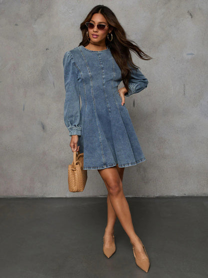 Fashion casual patchwork waist women's denim long sleeve dress