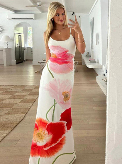 Women's Fashion Printed Suspender Backless Sexy Long Beach Dress