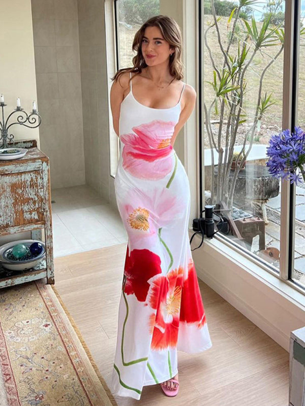 Women's Fashion Printed Suspender Backless Sexy Long Beach Dress