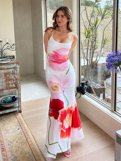 Women's Fashion Printed Suspender Backless Sexy Long Beach Dress