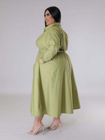 Plus Size Women's Solid Color Long Sleeve Shirt Dresses