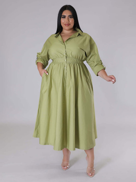 Plus Size Women's Solid Color Long Sleeve Shirt Dresses