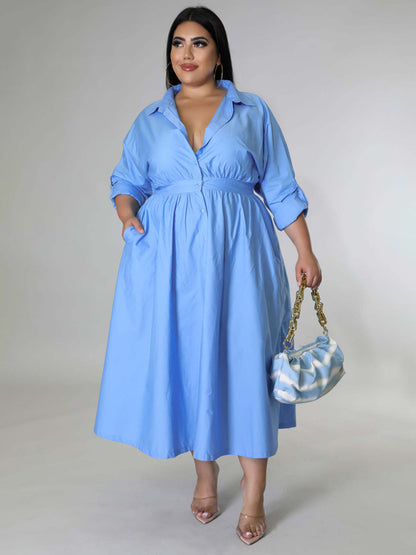 Plus Size Women's Solid Color Long Sleeve Shirt Dresses