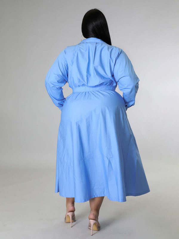 Plus Size Women's Solid Color Long Sleeve Shirt Dresses