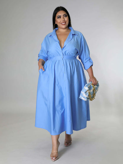 Plus Size Women's Solid Color Long Sleeve Shirt Dresses