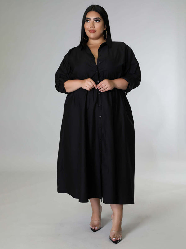 Plus Size Women's Solid Color Long Sleeve Shirt Dresses