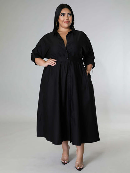 Plus Size Women's Solid Color Long Sleeve Shirt Dresses