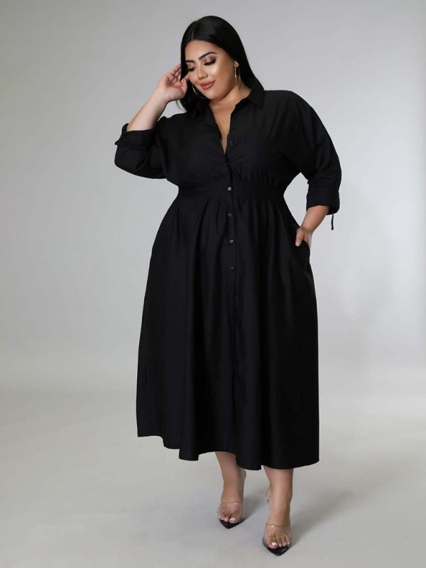 Plus Size Women's Solid Color Long Sleeve Shirt Dresses