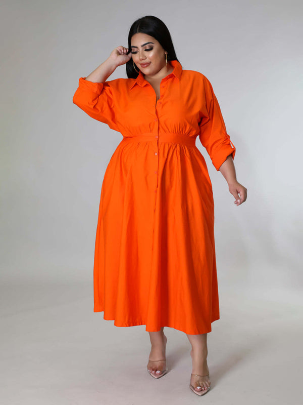 Plus Size Women's Solid Color Long Sleeve Shirt Dresses