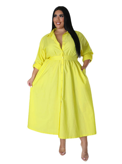 Plus Size Women's Solid Color Long Sleeve Shirt Dresses