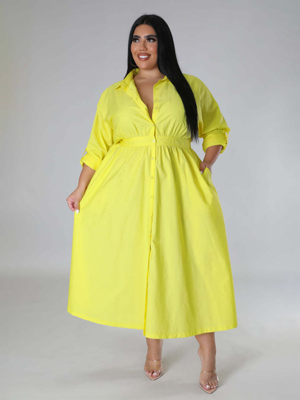 Plus Size Women's Solid Color Long Sleeve Shirt Dresses