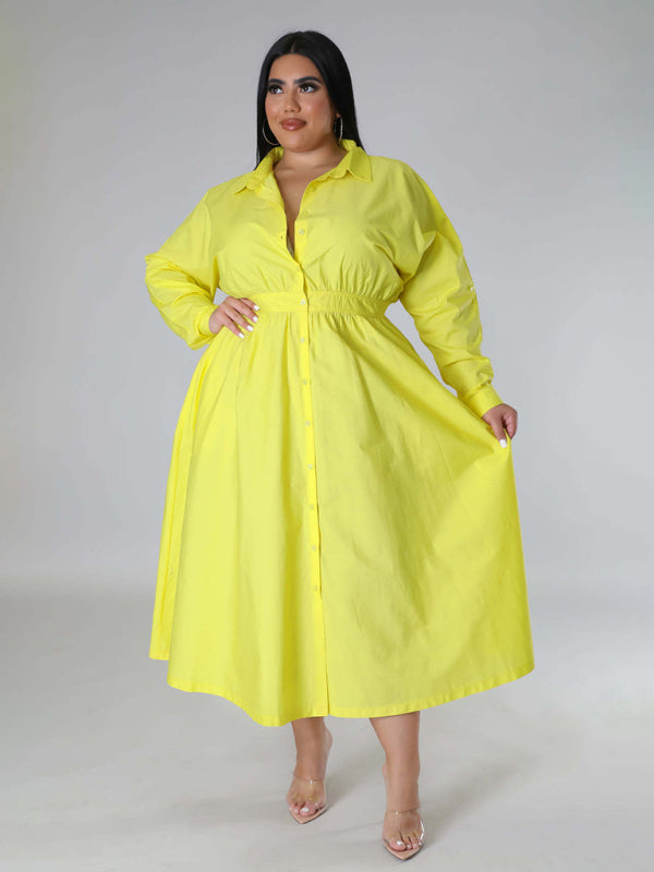 Plus Size Women's Solid Color Long Sleeve Shirt Dresses