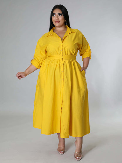 Plus Size Women's Solid Color Long Sleeve Shirt Dresses