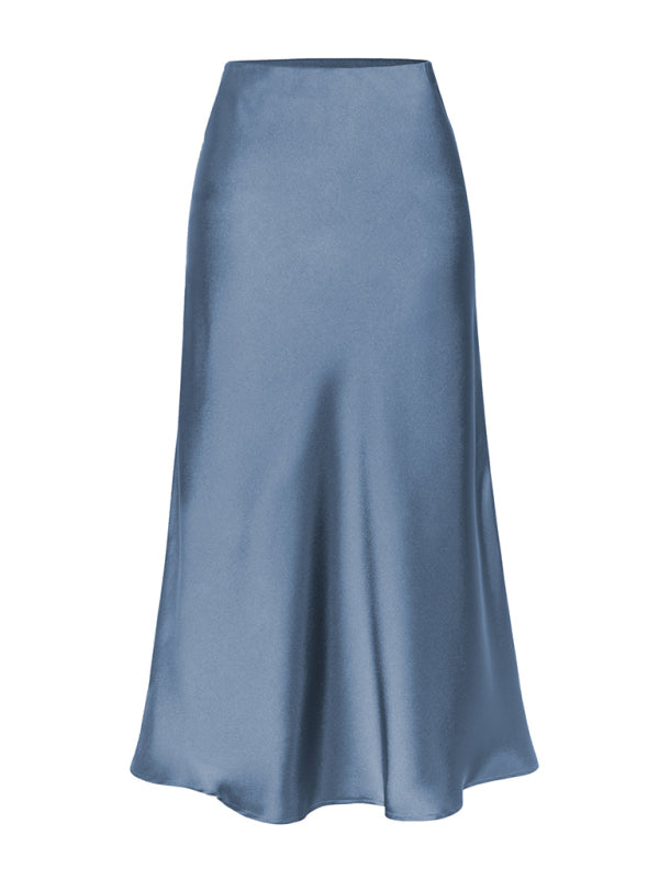 Satin High Waist Solid Color Split Midi Skirt