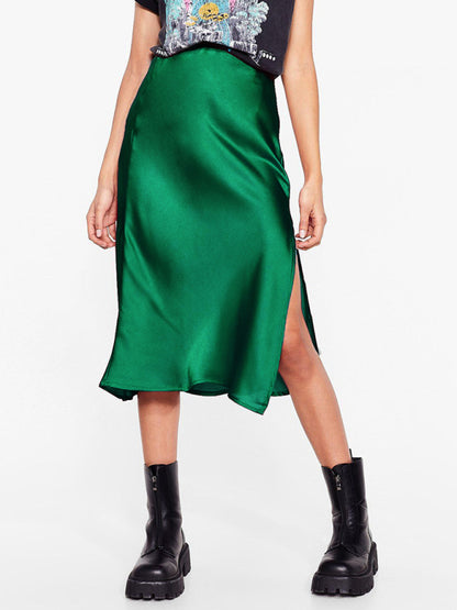 Satin High Waist Solid Color Split Midi Skirt