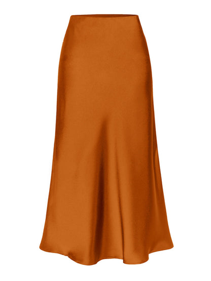 Satin High Waist Solid Color Split Midi Skirt