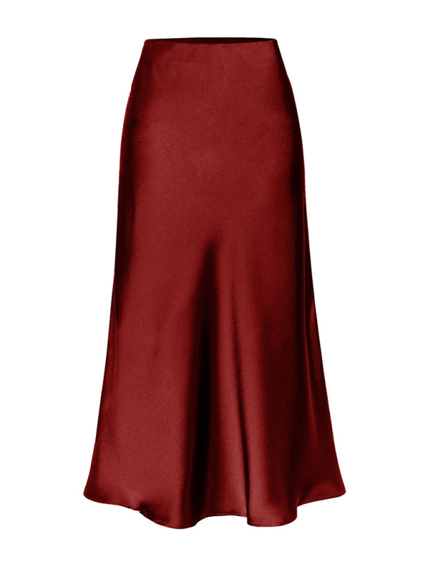 Satin High Waist Solid Color Split Midi Skirt