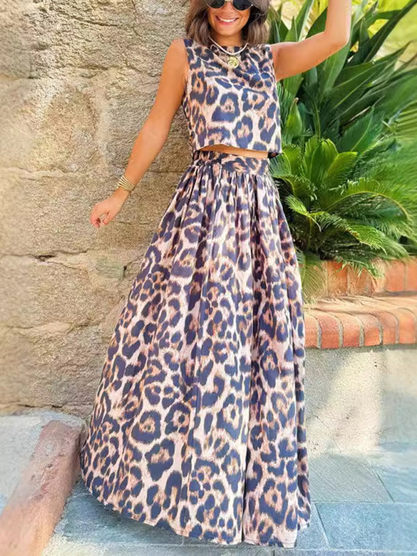 Casual Leopard Printed Top + Half Body Skirt Two Piece Set