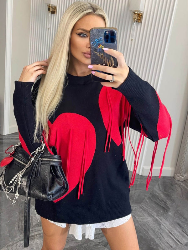 New round neck fashion pullover heart tassel sweater