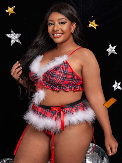 Plus size women's sexy lingerie Christmas dress red plaid furry suit