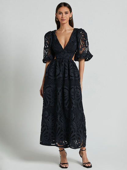 Women's Hollow V-neck Lace Embroidery Sexy Waist-baring Dress