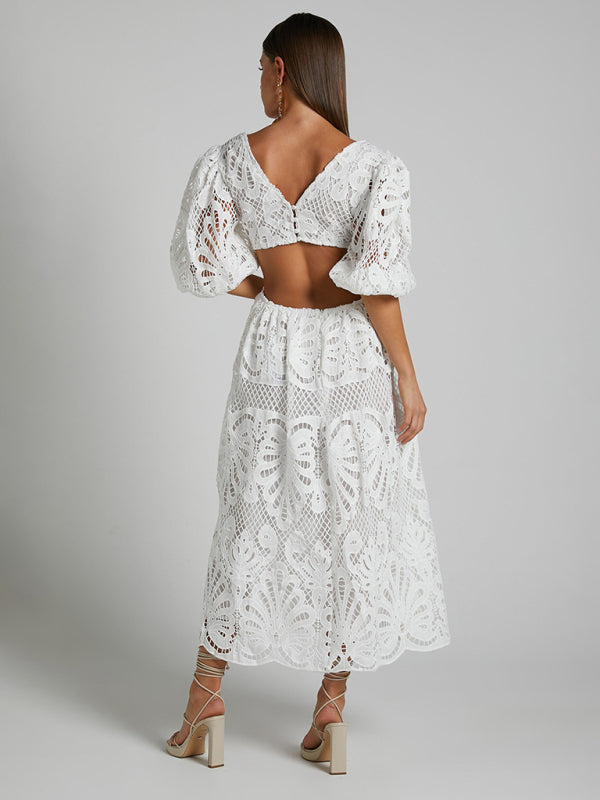 Women's Hollow V-neck Lace Embroidery Sexy Waist-baring Dress