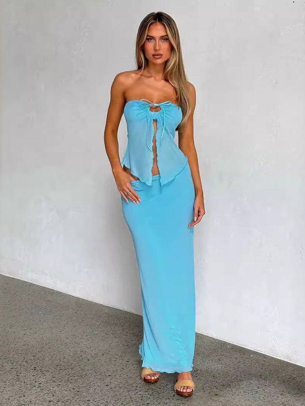 Strapless mesh sexy navel-baring vest hip-wrapped long skirt two-piece set