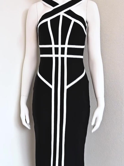 Halter Neck Contrast Black and White Geometric Bandage Long Dress Slim Retro Stretch Dress