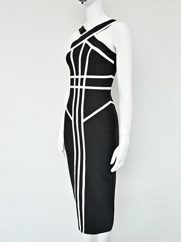 Halter Neck Contrast Black and White Geometric Bandage Long Dress Slim Retro Stretch Dress