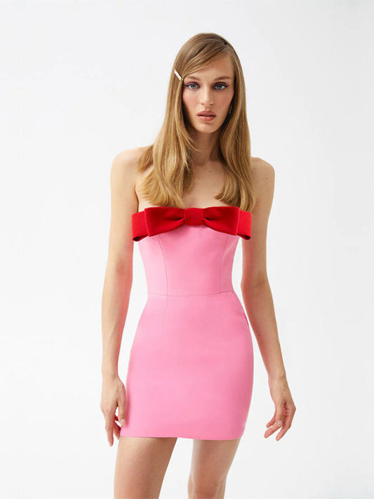 、Tube Top Bow Decorated Sexy Backless Double Layer Slim Hip Skirt Birthday Dress