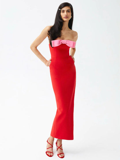 Tube Top Bow Sexy Off-shoulder Lace-up Decoration Elegant Slit Hip-wrapped Maxi Dress