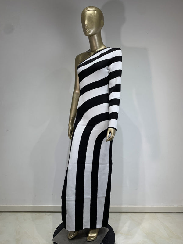 Zebra Print One Shoulder Long Sleeve Bare Leg Bandage Dress Banquet Party Dress