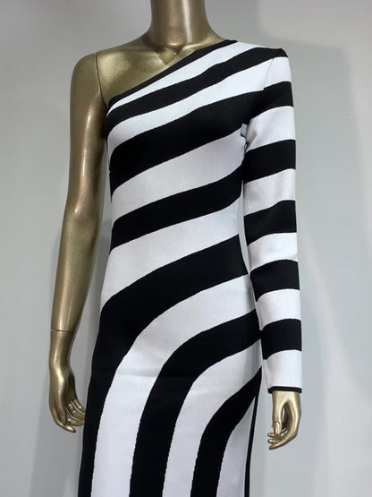 Zebra Print One Shoulder Long Sleeve Bare Leg Bandage Dress Banquet Party Dress